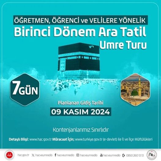 Diyanet İşleri Başkanlığı'ndan Öğretmenlere ve Öğrencilere Ara Tatil Umre Turları