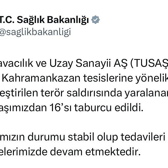 Türk Havacılık ve Uzay Sanayii AŞ'nin Kahramankazan tesislerine yapılan terör saldırısında yaralanan 22 vatandaş