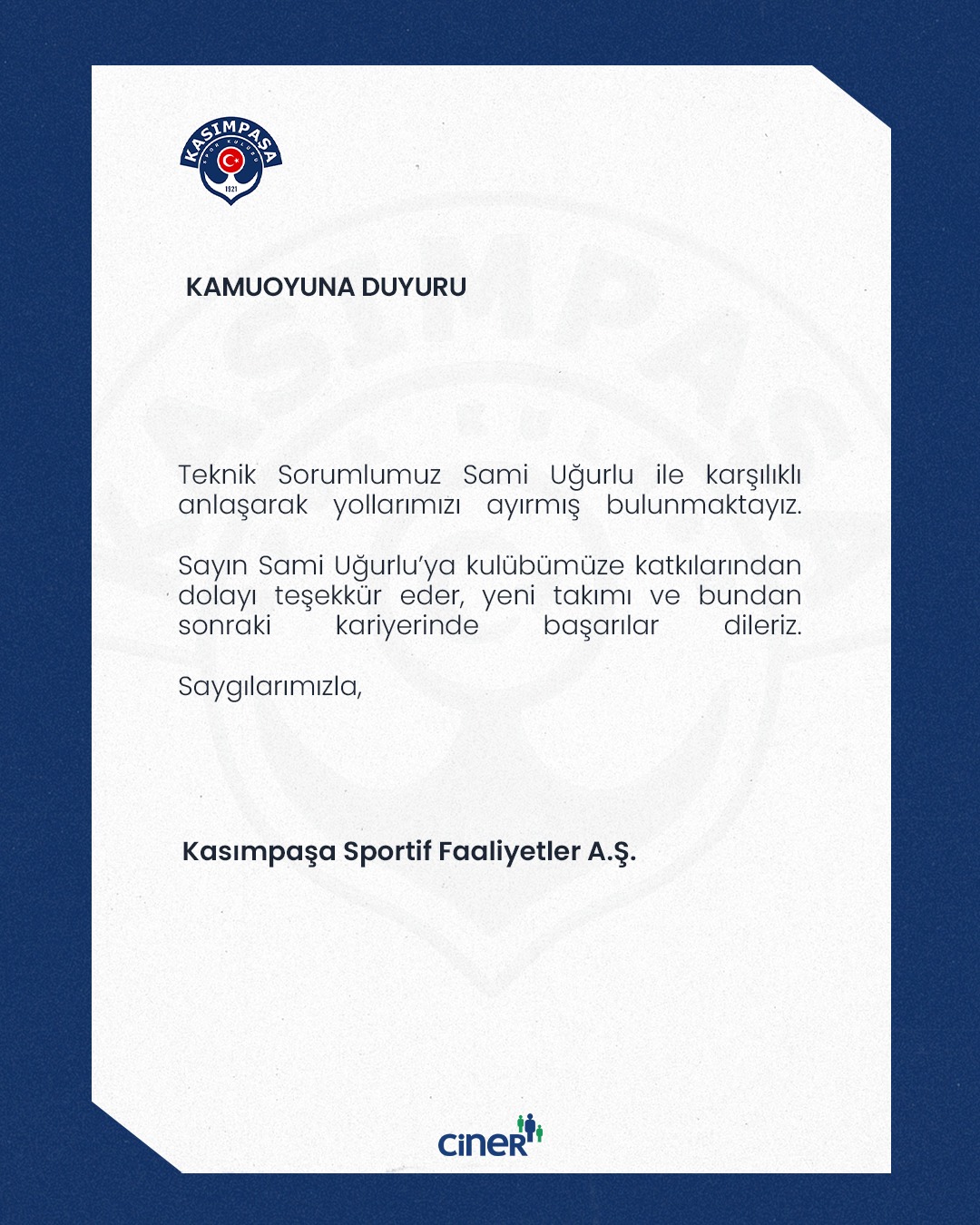 Kasımpaşa Spor Kulübü, Teknik Sorumlusu Sami Uğurlu İle Yollarını Ayırdı