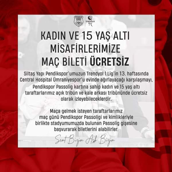 Pendikspor, Passolig Kartı Olan Kadın ve 15 Yaş Altı Taraftarlarına Ücretsiz Bilet Fırsatı Sunuyor