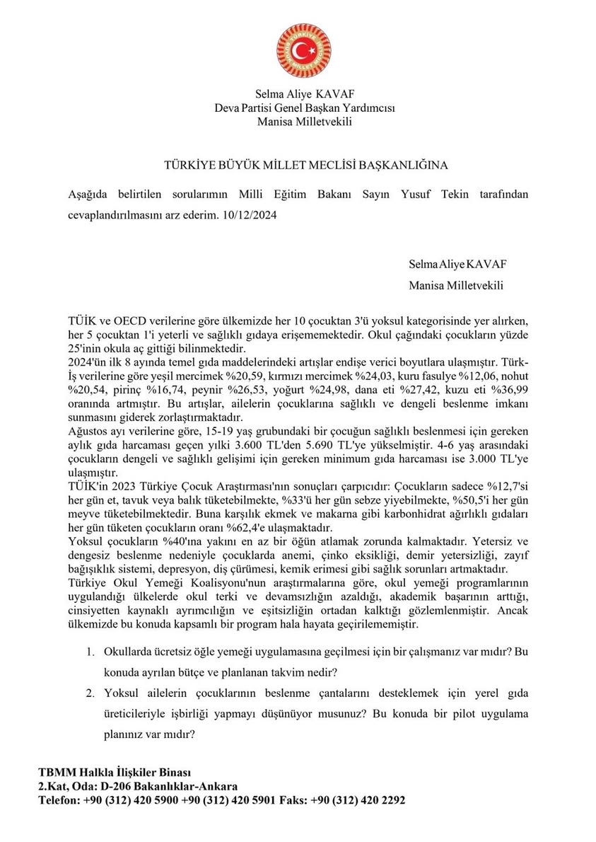 Manisa Milletvekili Selma Aliye Kavaf, Ücretsiz Öğle Yemeği Uygulaması Konusunda Bakan Yusuf Tekin'e Soru Yöneltti